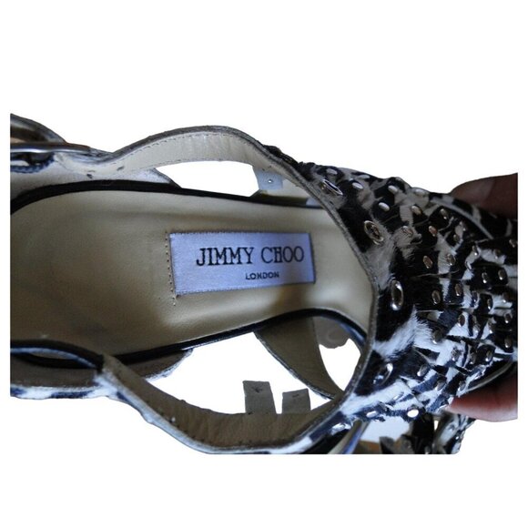 Jimmy Choo Black & White Zebra Print Mia Studs & Tassel Heels Sandals sz 37 US 7 - Picture 7 of 7